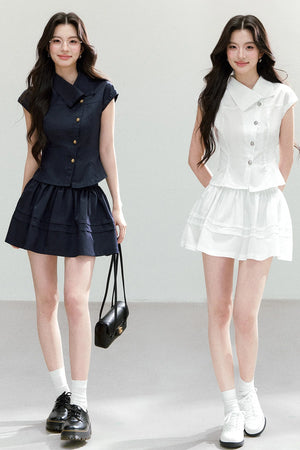 Asymmetrical Lapel Waist-Cinching Top Set-Up