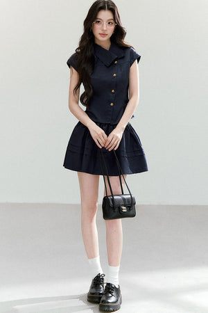 Asymmetrical Lapel Waist-Cinching Top Set-Up