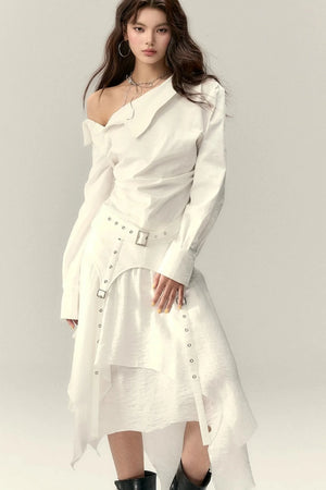 Asymmetrical Off-Shoulder Washed Shirt Set-Up