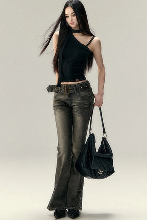 Asymmetrical Off-Shoulder Washed Shirt Set-Up