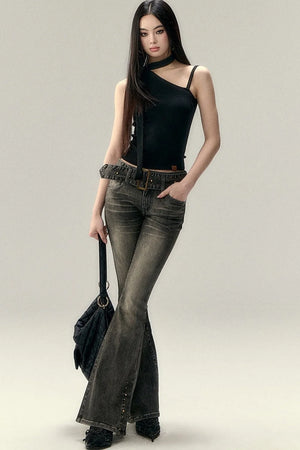 Asymmetrical Off-Shoulder Washed Shirt Set-Up