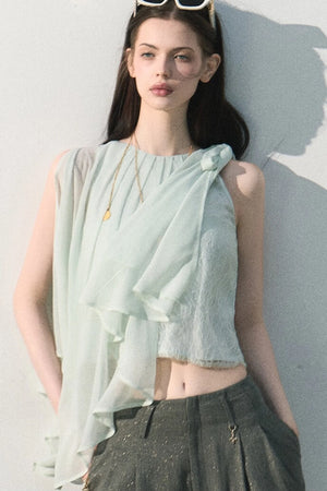 Asymmetrical Pleated Lace Blouse