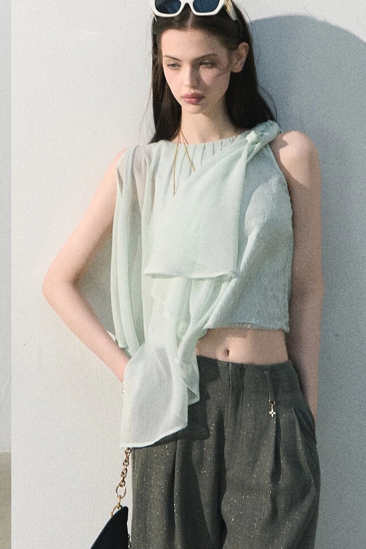Asymmetrical Pleated Lace Blouse