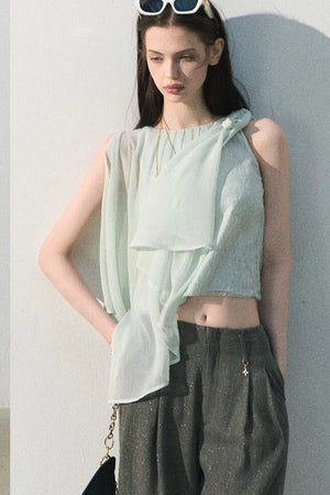 Asymmetrical Pleated Lace Blouse