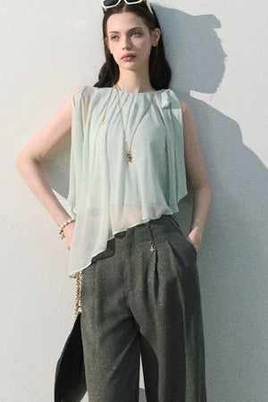 Asymmetrical Pleated Lace Blouse