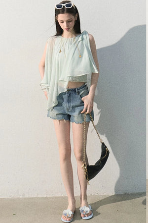 Asymmetrical Pleated Lace Blouse
