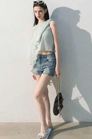 Asymmetrical Pleated Lace Blouse