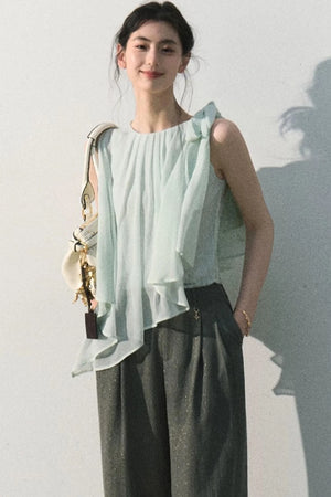 Asymmetrical Pleated Lace Blouse