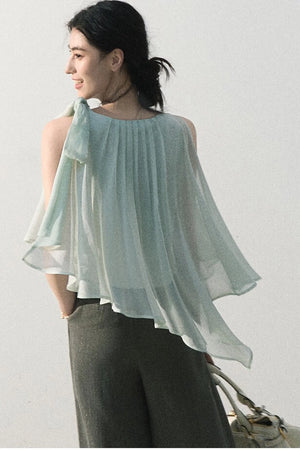 Asymmetrical Pleated Lace Blouse