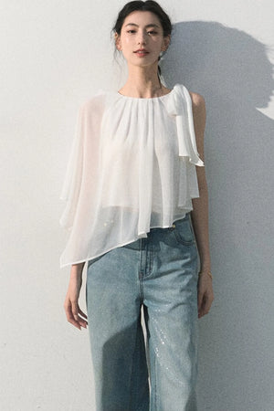 Asymmetrical Pleated Lace Blouse