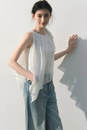 Asymmetrical Pleated Lace Blouse