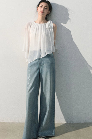 Asymmetrical Pleated Lace Blouse
