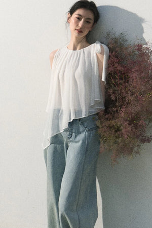 Asymmetrical Pleated Lace Blouse