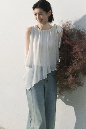 Asymmetrical Pleated Lace Blouse