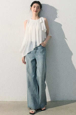 Asymmetrical Pleated Lace Blouse