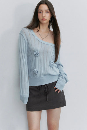Asymmetrical Shoulder 3D Flower Knit Blouse