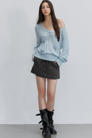 Asymmetrical Shoulder 3D Flower Knit Blouse