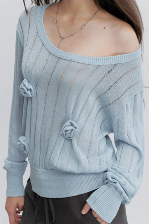 Asymmetrical Shoulder 3D Flower Knit Blouse