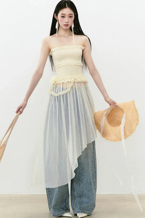 Asymmetrical Strapless Mesh Dress