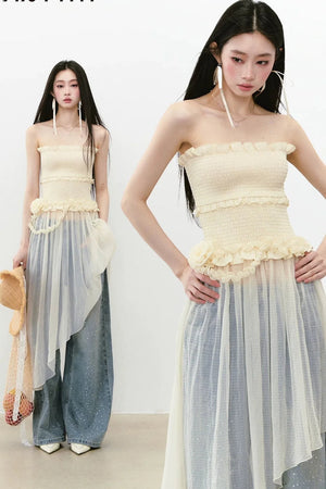 Asymmetrical Strapless Mesh Dress