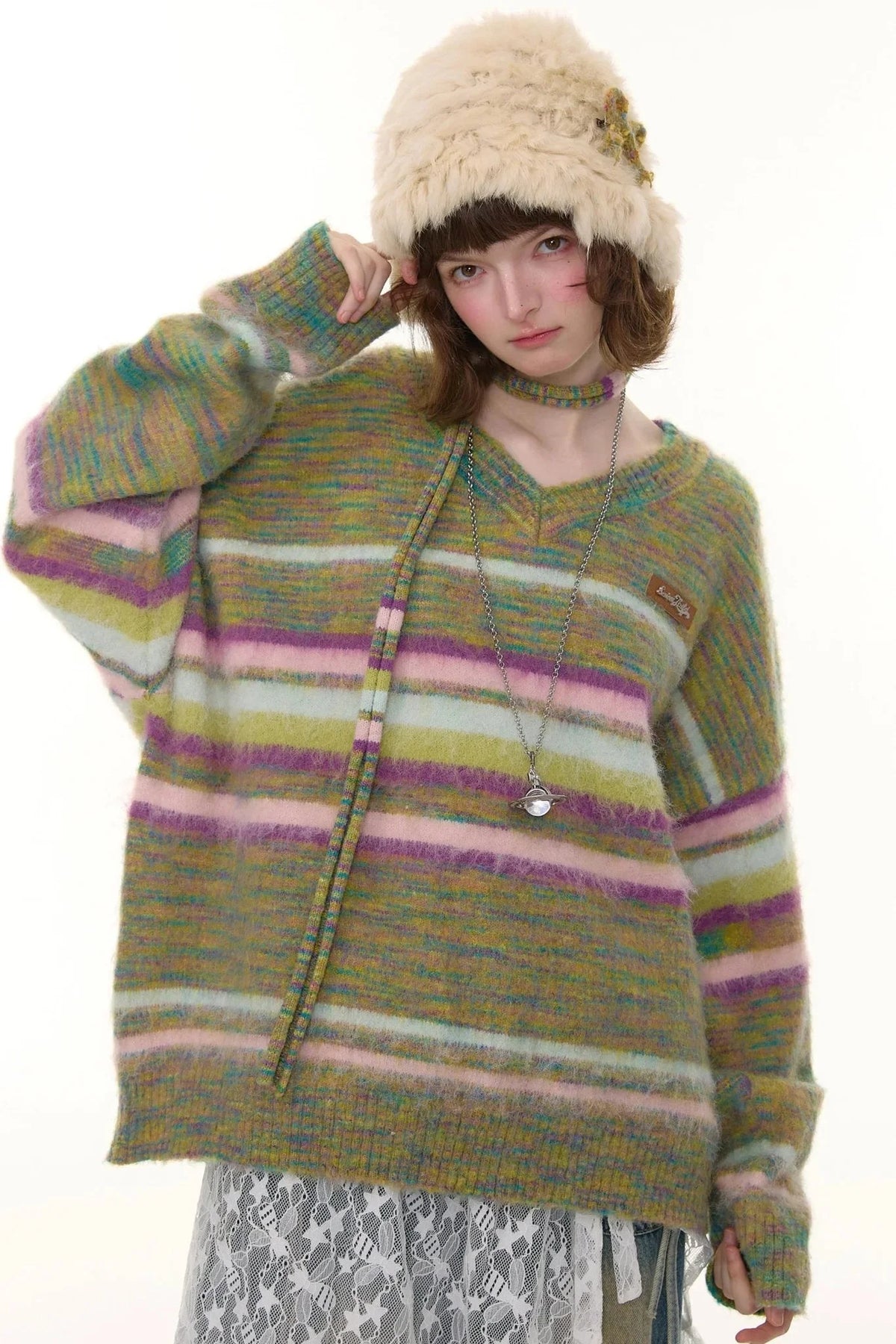 Autumn Winter Color-Blocking Striped V-Neck Sweater