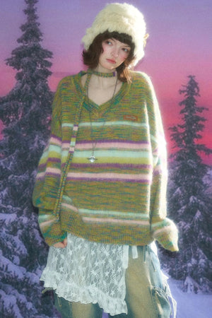 Autumn Winter Color-Blocking Striped V-Neck Sweater