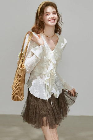 Autumn Womens V-neck Ruffled Top