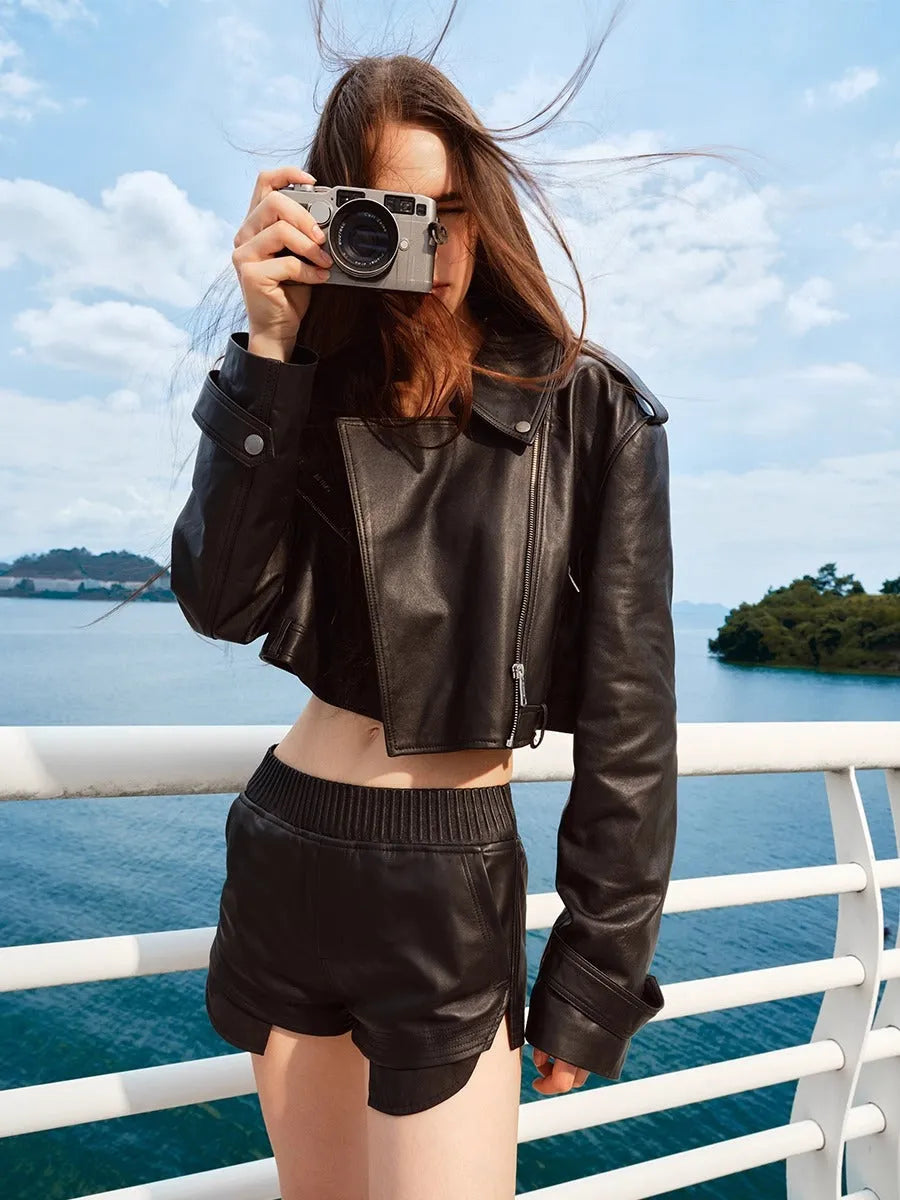 "Djembe Series" 100% Water-stained Lambskin Cropped Jacket