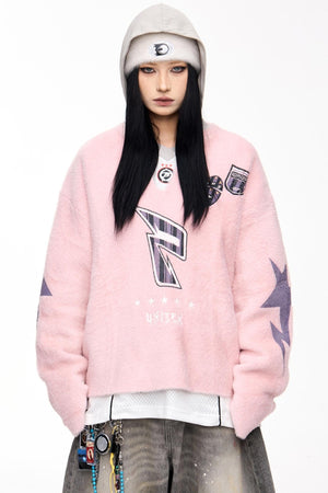 Badge Print Faux Mink Sweater