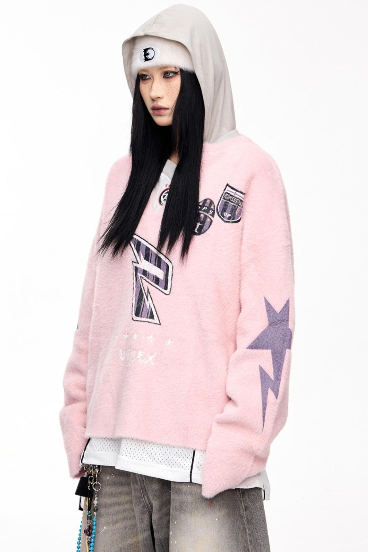 Badge Print Faux Mink Sweater