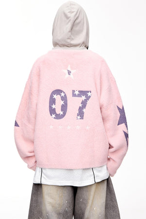 Badge Print Faux Mink Sweater