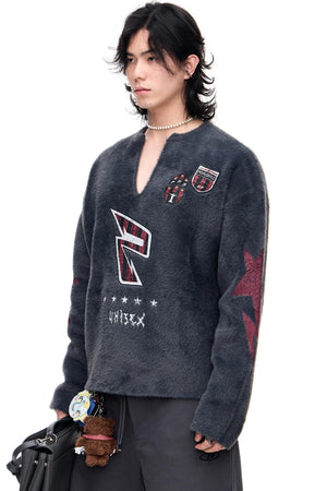 Badge Print Faux Mink Sweater