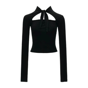 Bamboo Velvet Hollow Out Tie Long Sleeve Top
