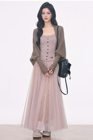 Batwing Knit Cardigan and Skirt 3-Piece Set-Up