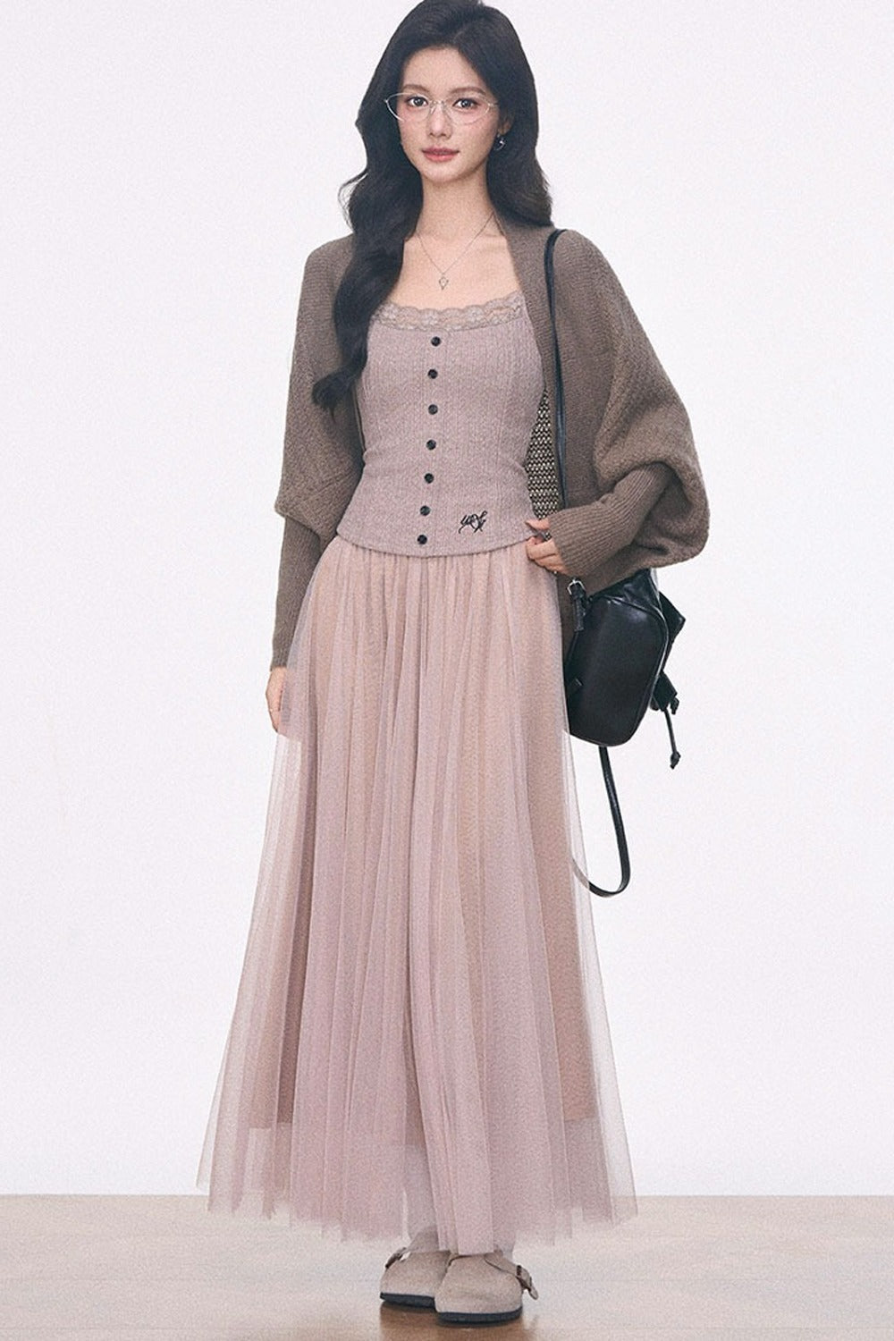 Batwing Knit Cardigan and Skirt 3-Piece Set-Up