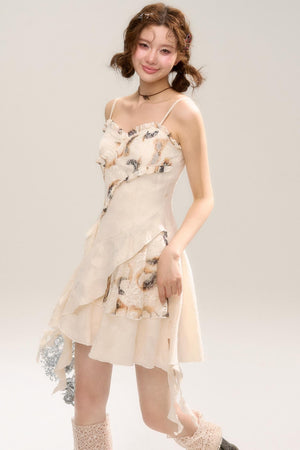 Beige Apricot Irregular Lace Dress