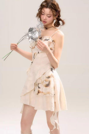 Beige Apricot Irregular Lace Dress
