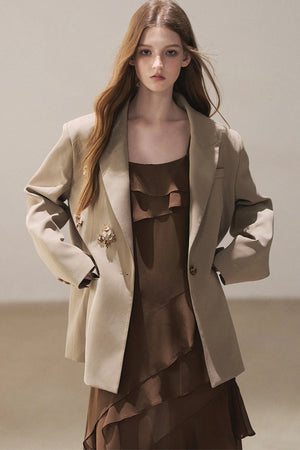 Beige Blazer With Brown Ruffle Spaghetti Strap Dress Set-Up