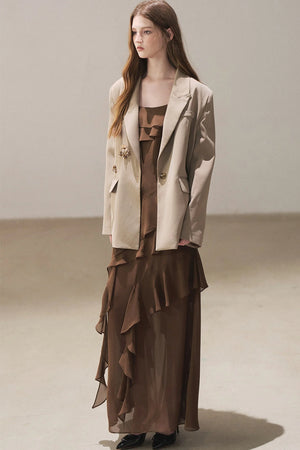 Beige Blazer With Brown Ruffle Spaghetti Strap Dress Set-Up