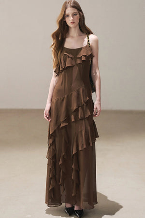 Beige Blazer With Brown Ruffle Spaghetti Strap Dress Set-Up