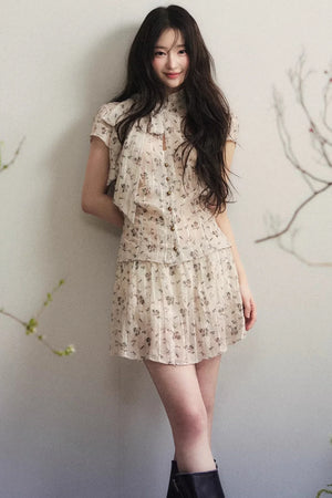 Beige Floral Chiffon Two-Piece Set-Up