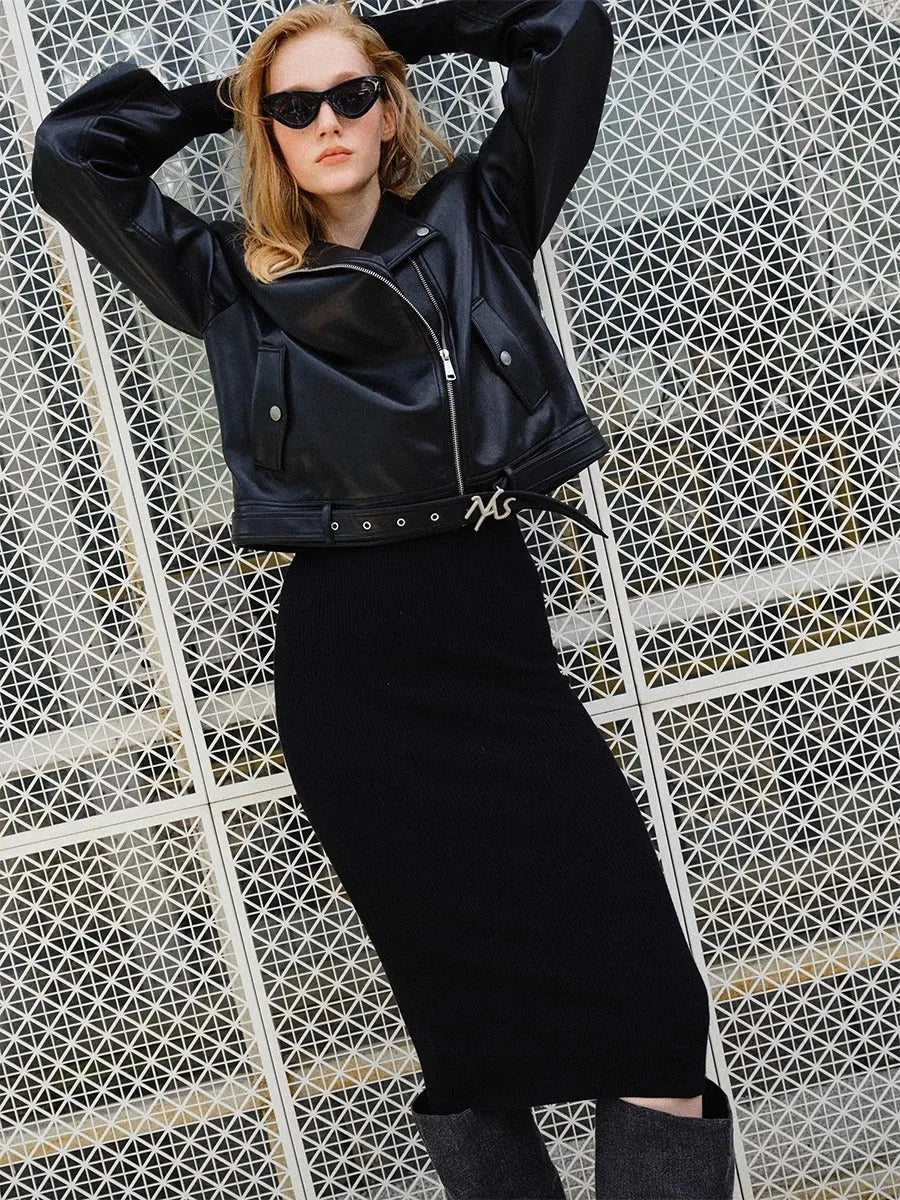 "Dejembe Series"Satin-Finish PU Leather Moto Jacket