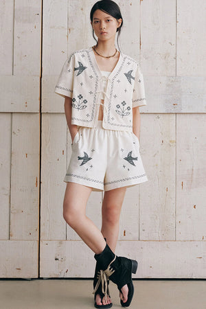 Bird Embroidered Cotton Linen Cardigan Set-Up