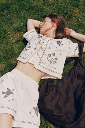 Bird Embroidered Cotton Linen Cardigan Set-Up