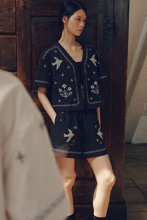 Bird Embroidered Cotton Linen Cardigan Set-Up