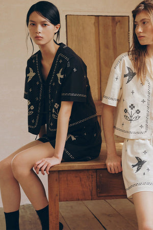 Bird Embroidered Cotton Linen Cardigan Set-Up