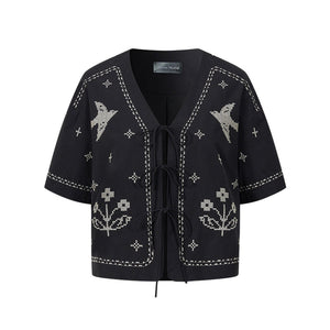 Bird Embroidered Cotton Linen Cardigan Set-Up