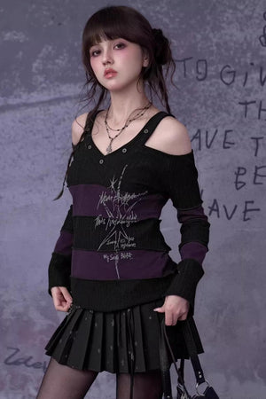 Black and Purple Off-Shoulder Knit Top