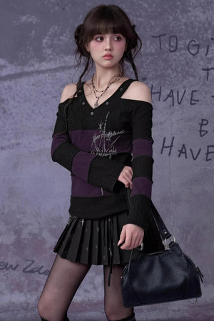 Black and Purple Off-Shoulder Knit Top