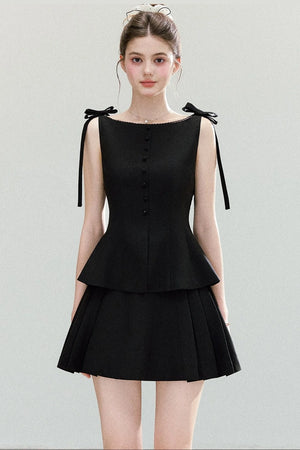 Black Bow-Strap Peplum Top, Pleated Skirt and Pants Set-Up